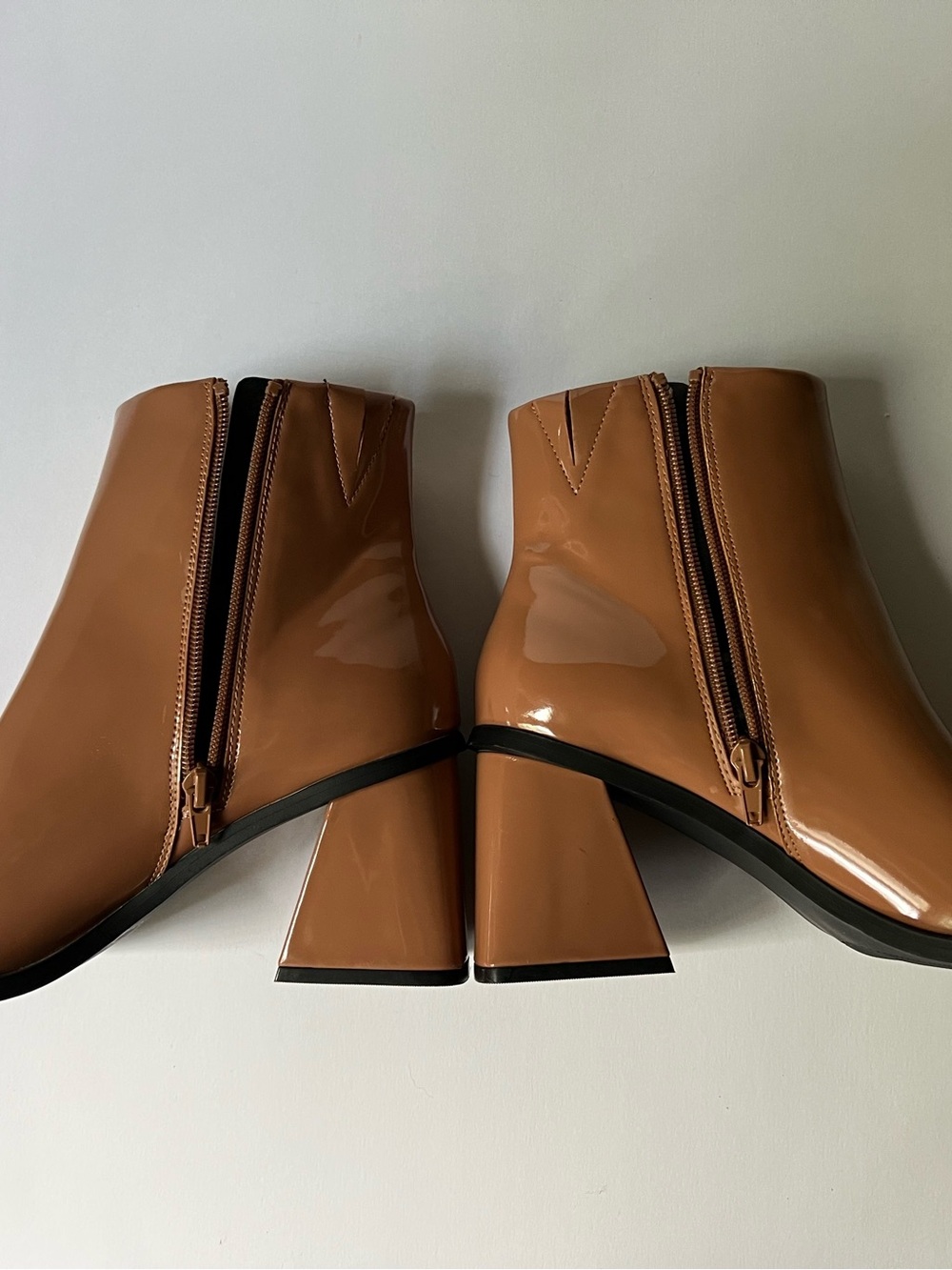 Lauren Lorraine BP Patent Tan Flared Block Heel Ankle Boots with Side Zip